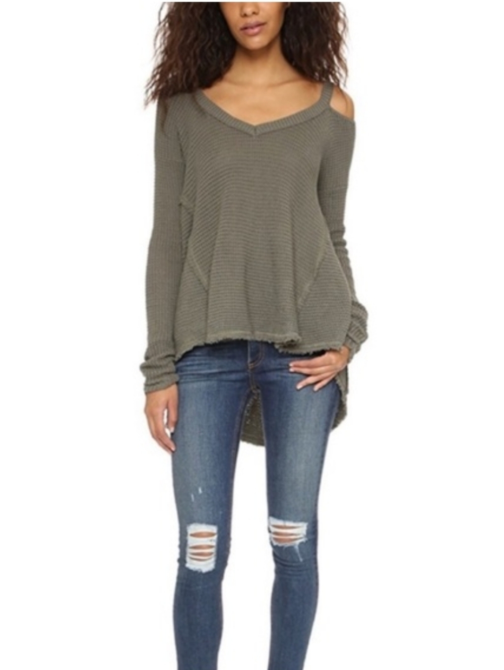 Free People Cold-Shoulder V-Neck Waffle-Knit Sweater Top Olive 100% cotton
